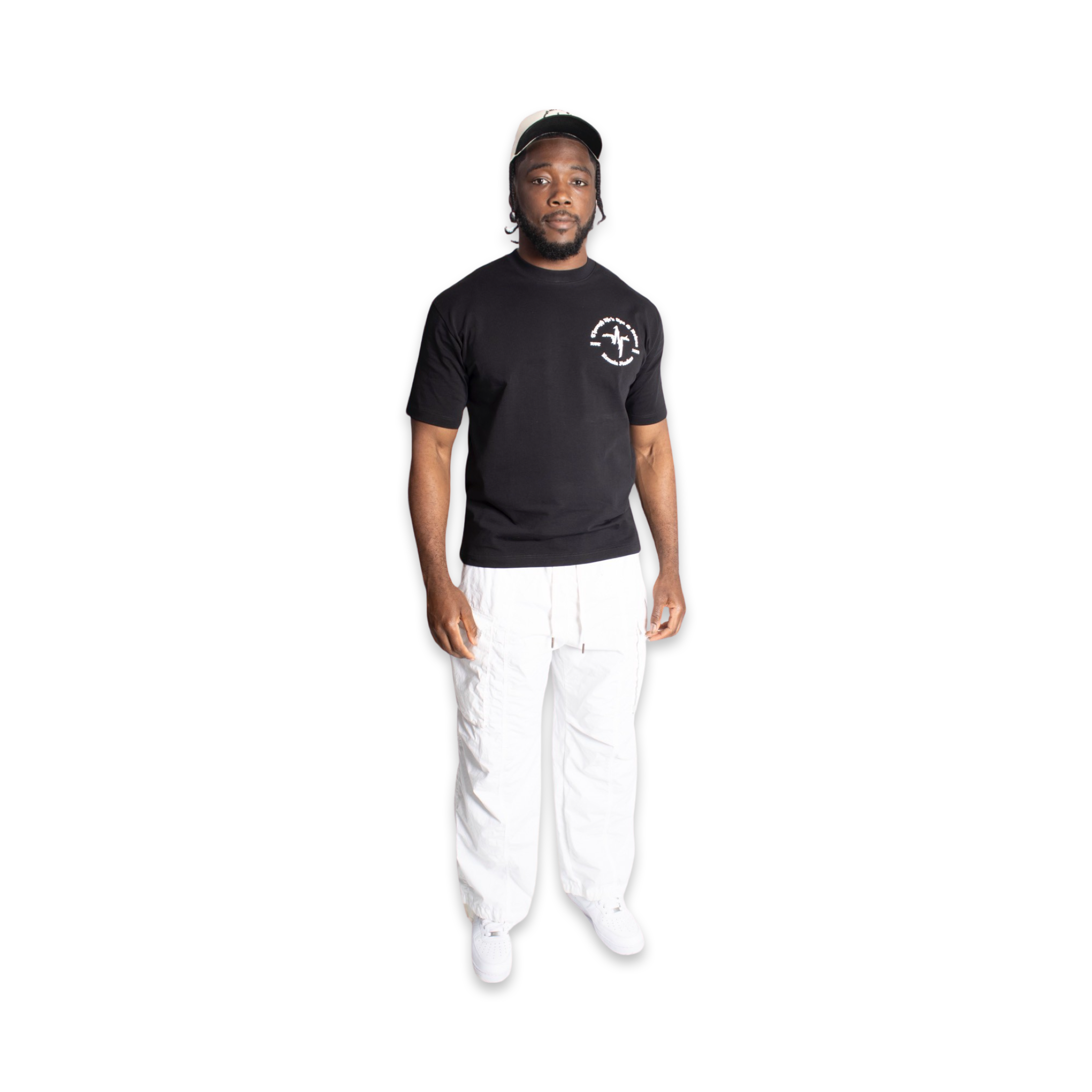 Front view model featured in Endless Edge cream and black designer hat and Endless Edge designer Crest Logo t-shirt