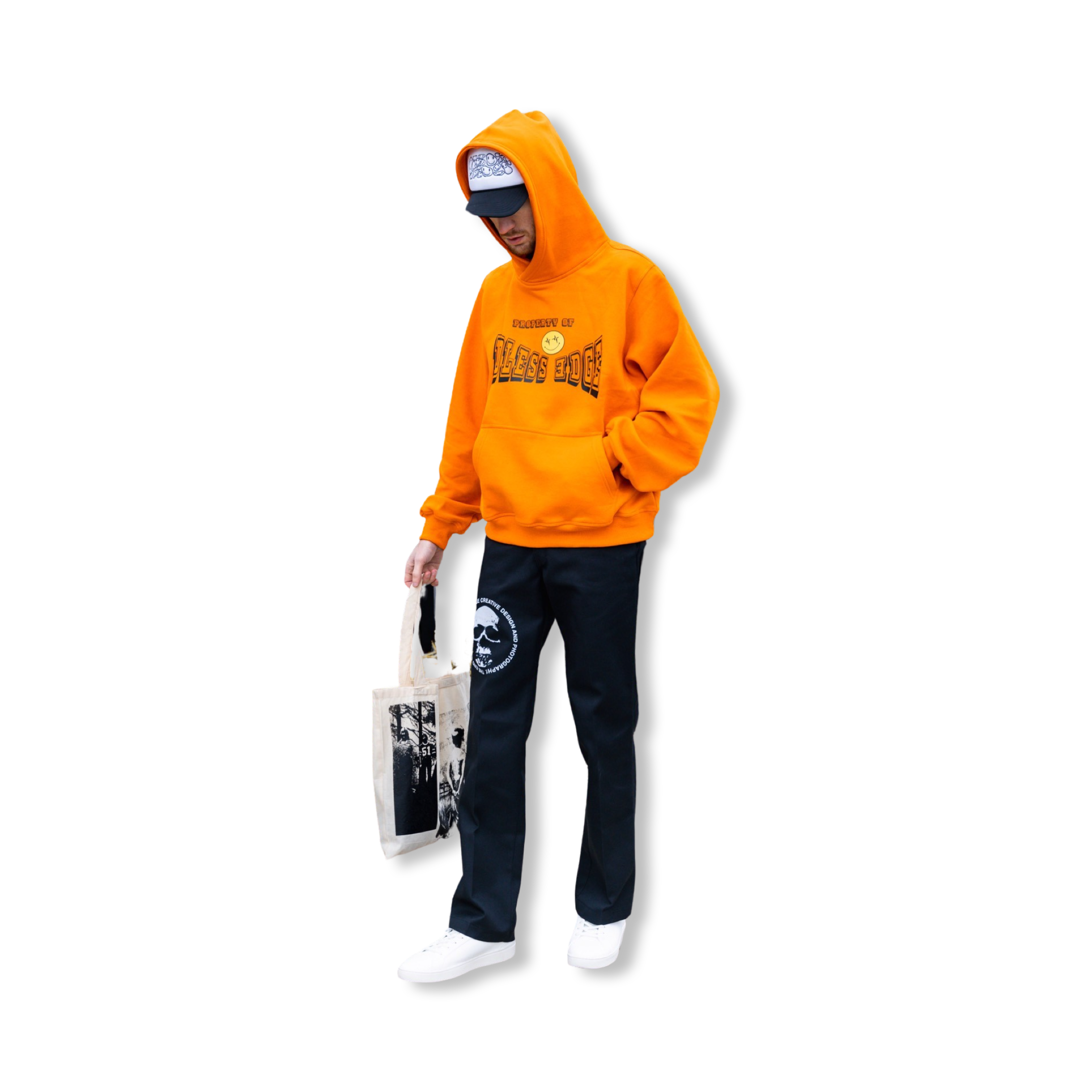 Model Featured in Endless Edge designer orange Varsity Design oversize hoodie 