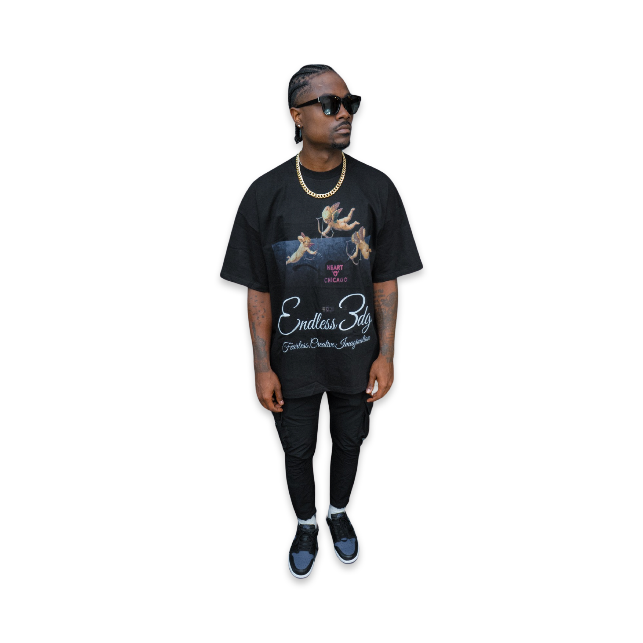 Model featured in Endless Edge designer Angel's Heart t-shirt 