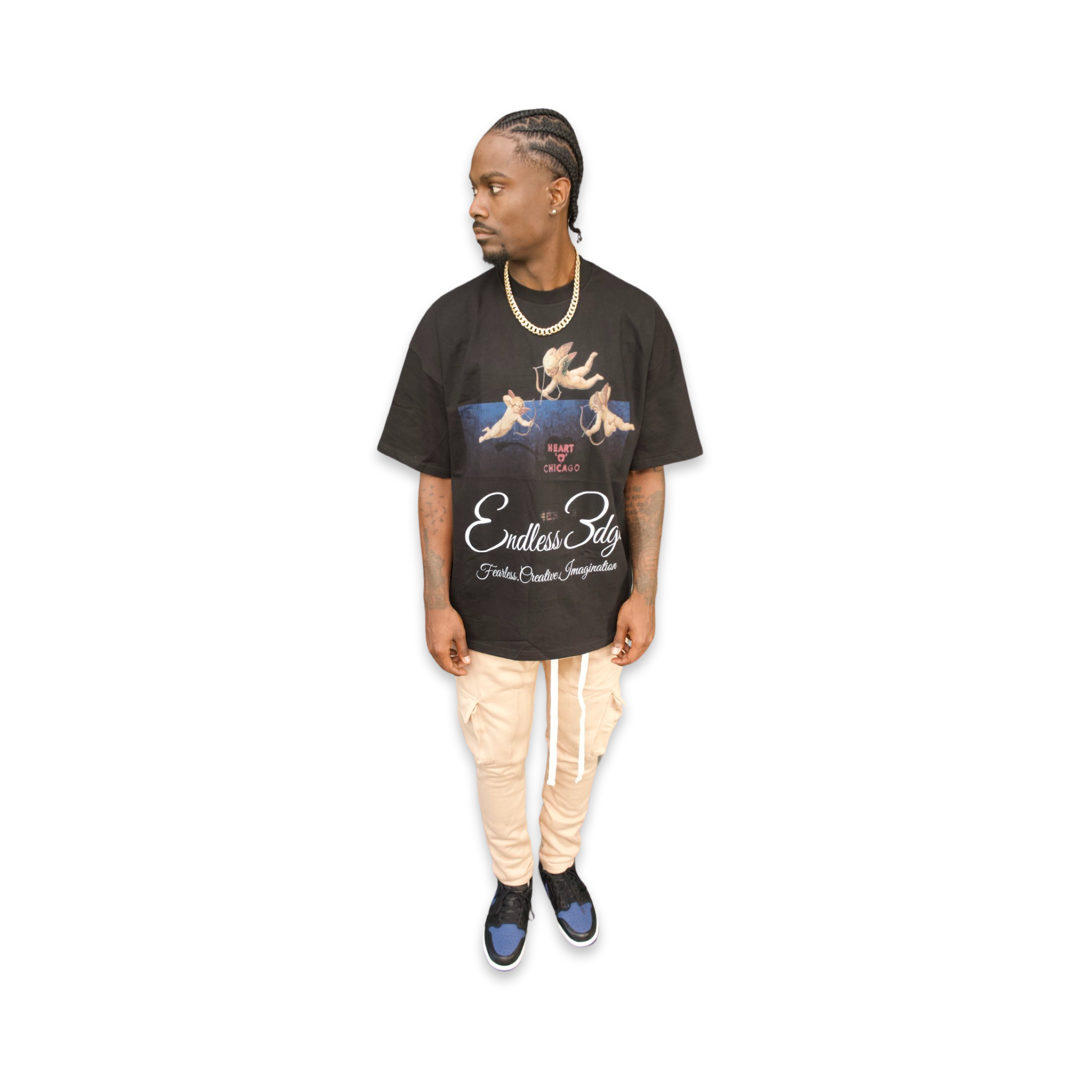 Model featured in Endless Edge designer Angel's Heart t-shirt and Endless Edge khaki cargo pants 