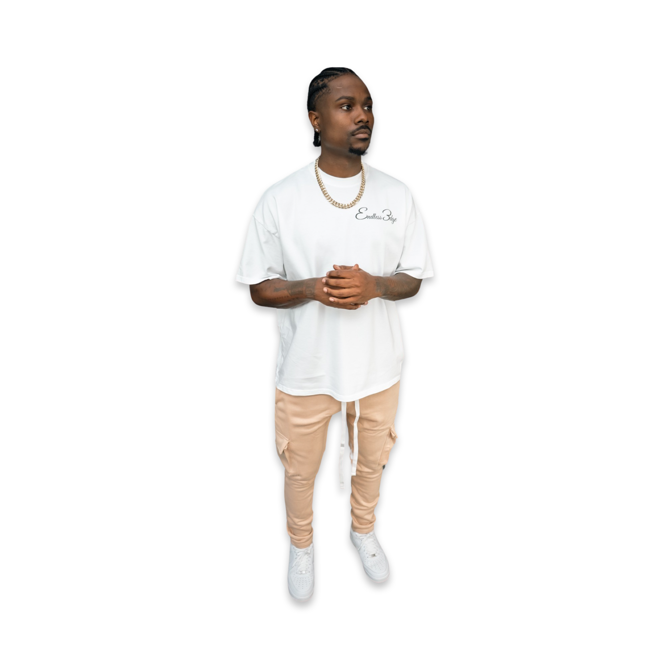 Model featured in Endless Edge designer Versailles logo t-shirt front view and Endless Edge designer khaki cargo pants