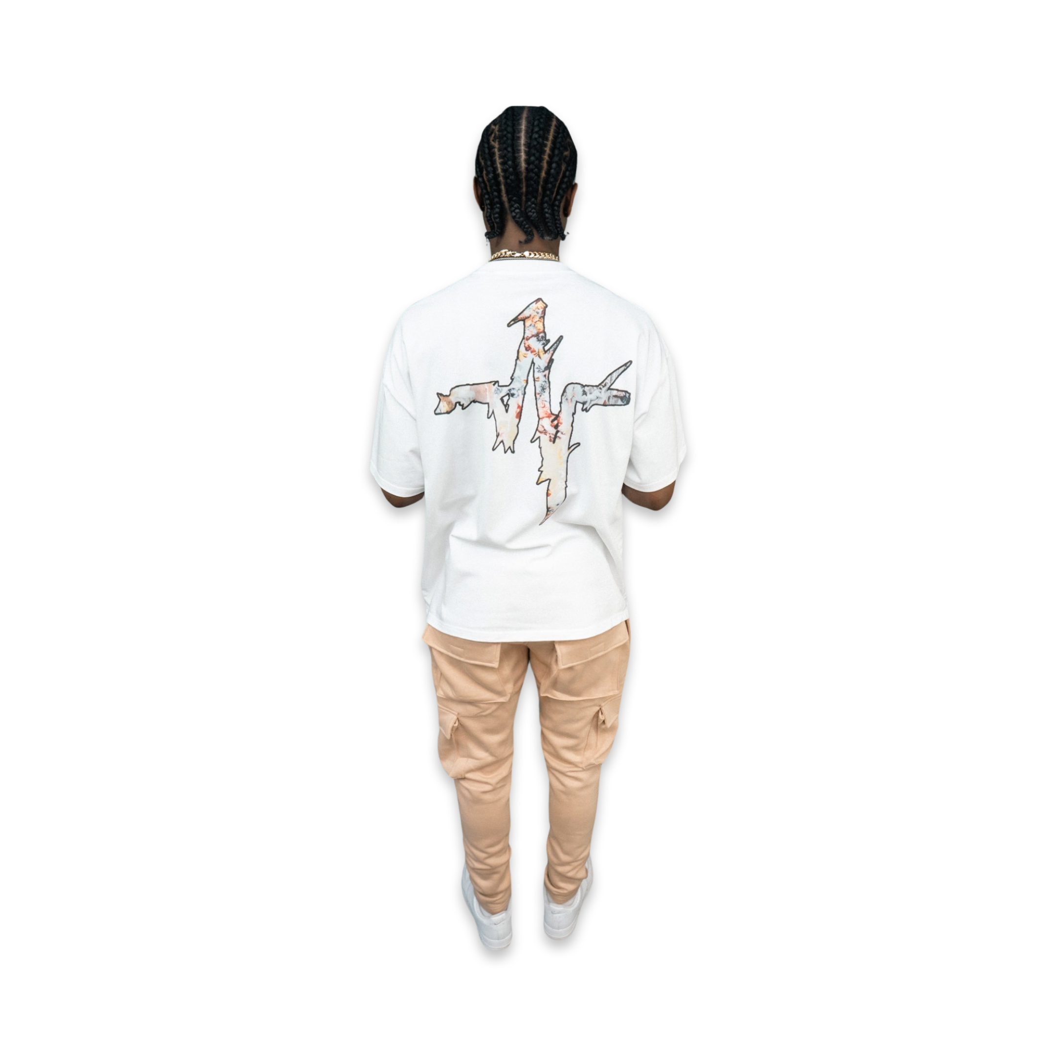 Model featured in Endless Edge designer Versailles logo t-shirt rear view and Endless Edge designer khaki cargo pants