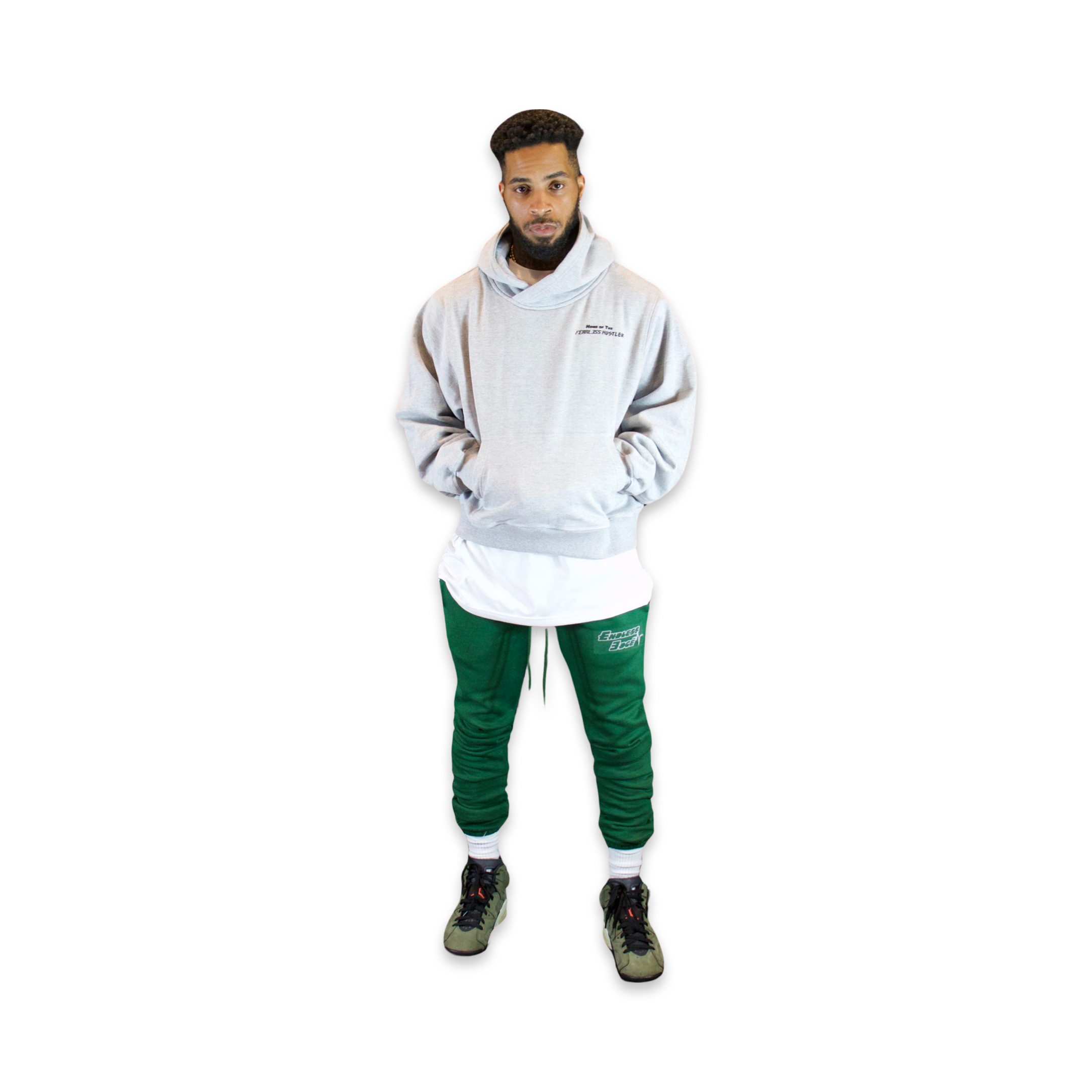 Model featured in Endless Edge designer grey Fearless Hoodie and Endless Edge designer extended green joggers