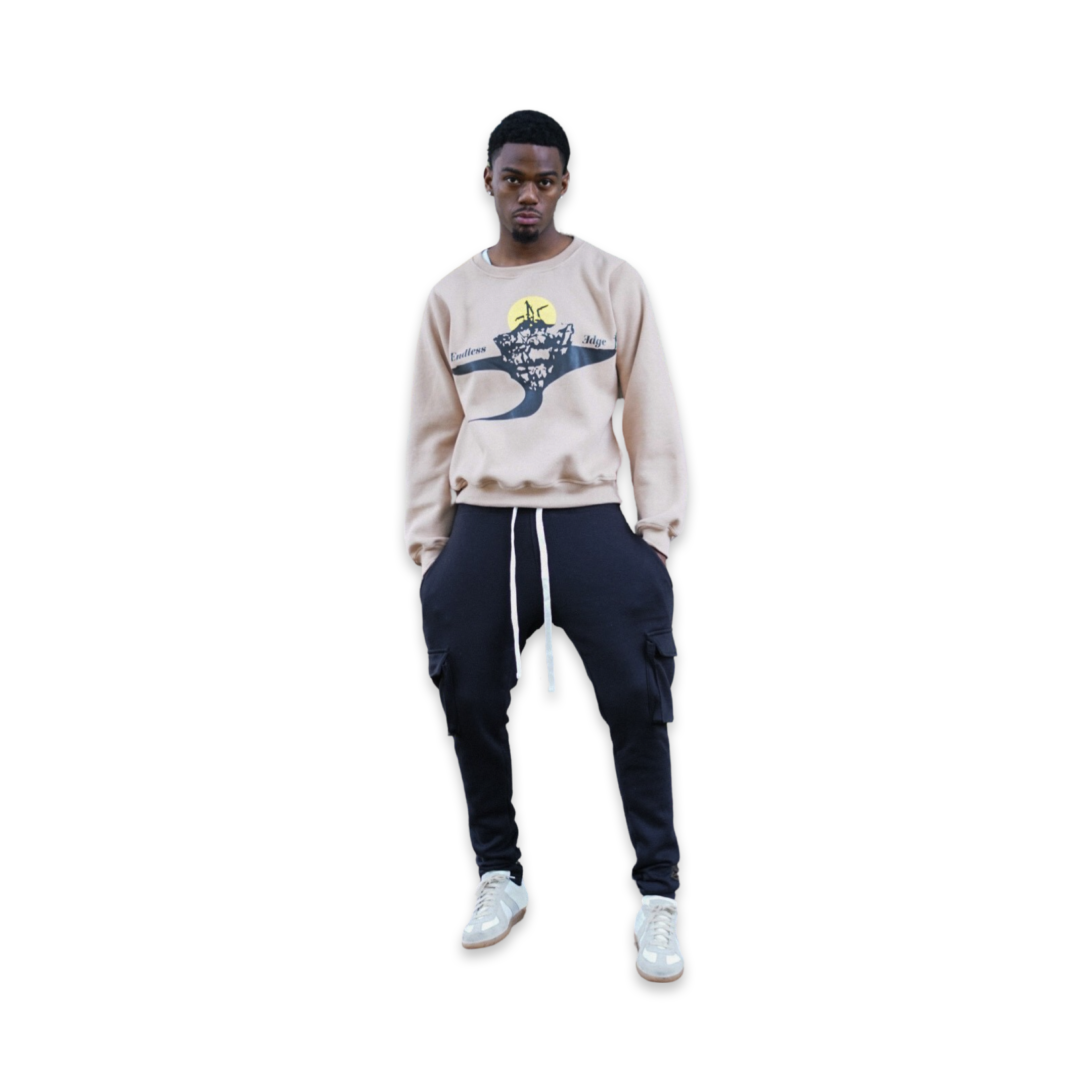 Model featured in Endless Edge faded brown designer crew neck and Endless Edge black designer cargo pants