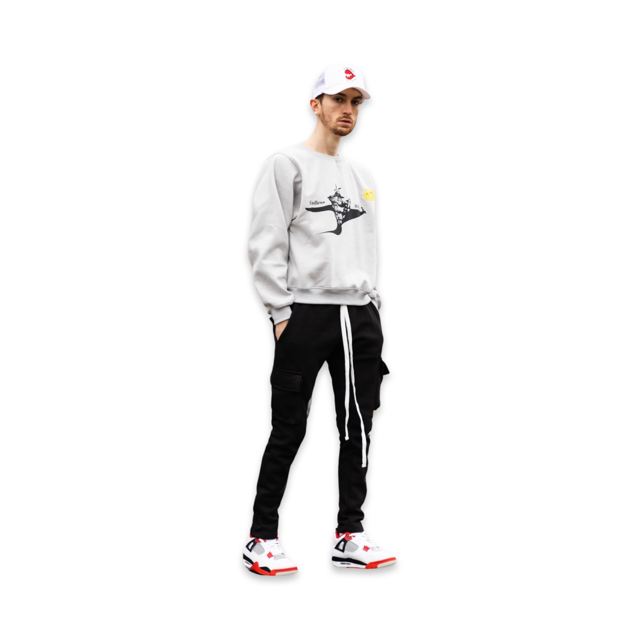 Model featured in Endless Edge stone grey oversize crew neck and Endless Edge designer black cargo pants