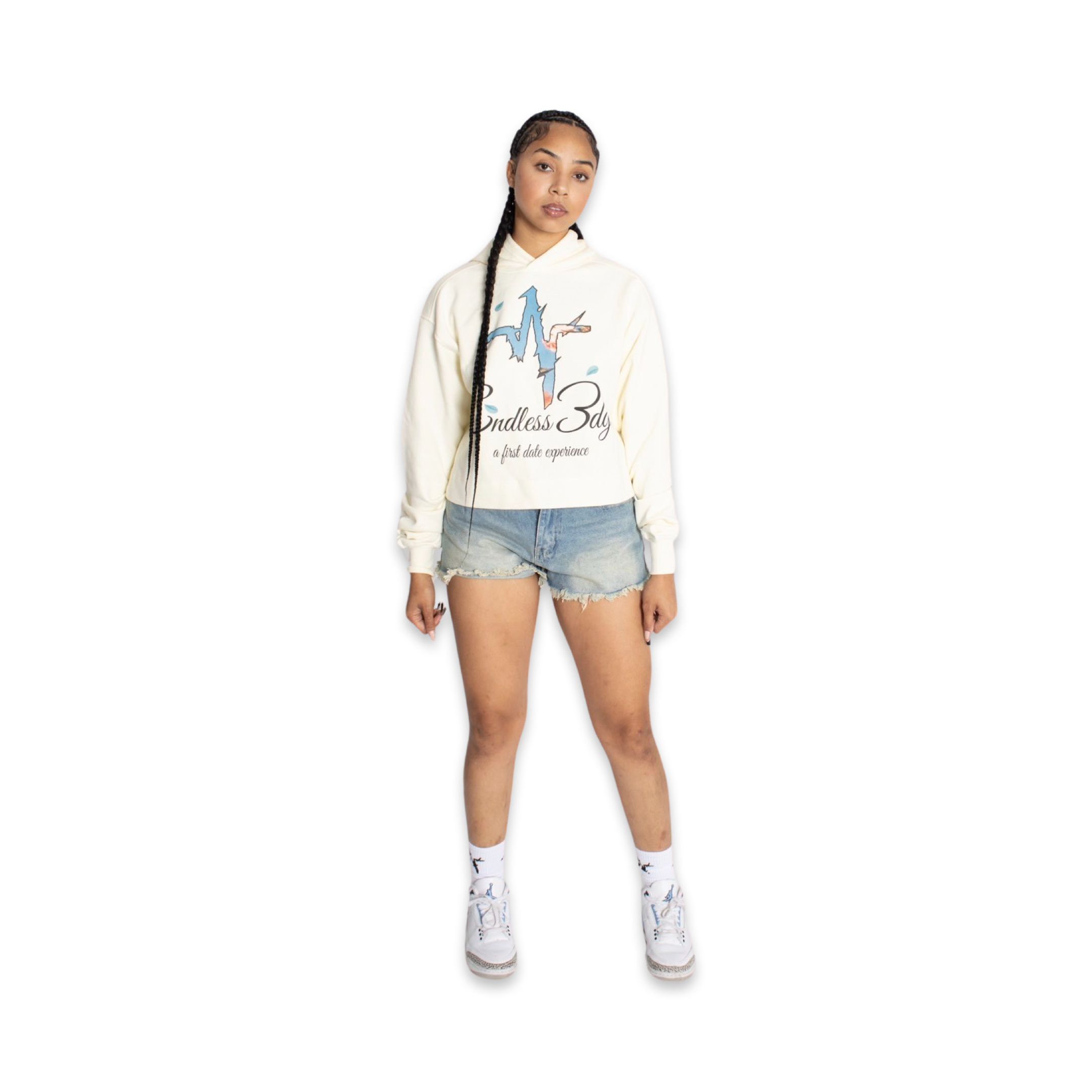 Model featured in Garden Cropped Hoodie and Endless Edge white designer socks