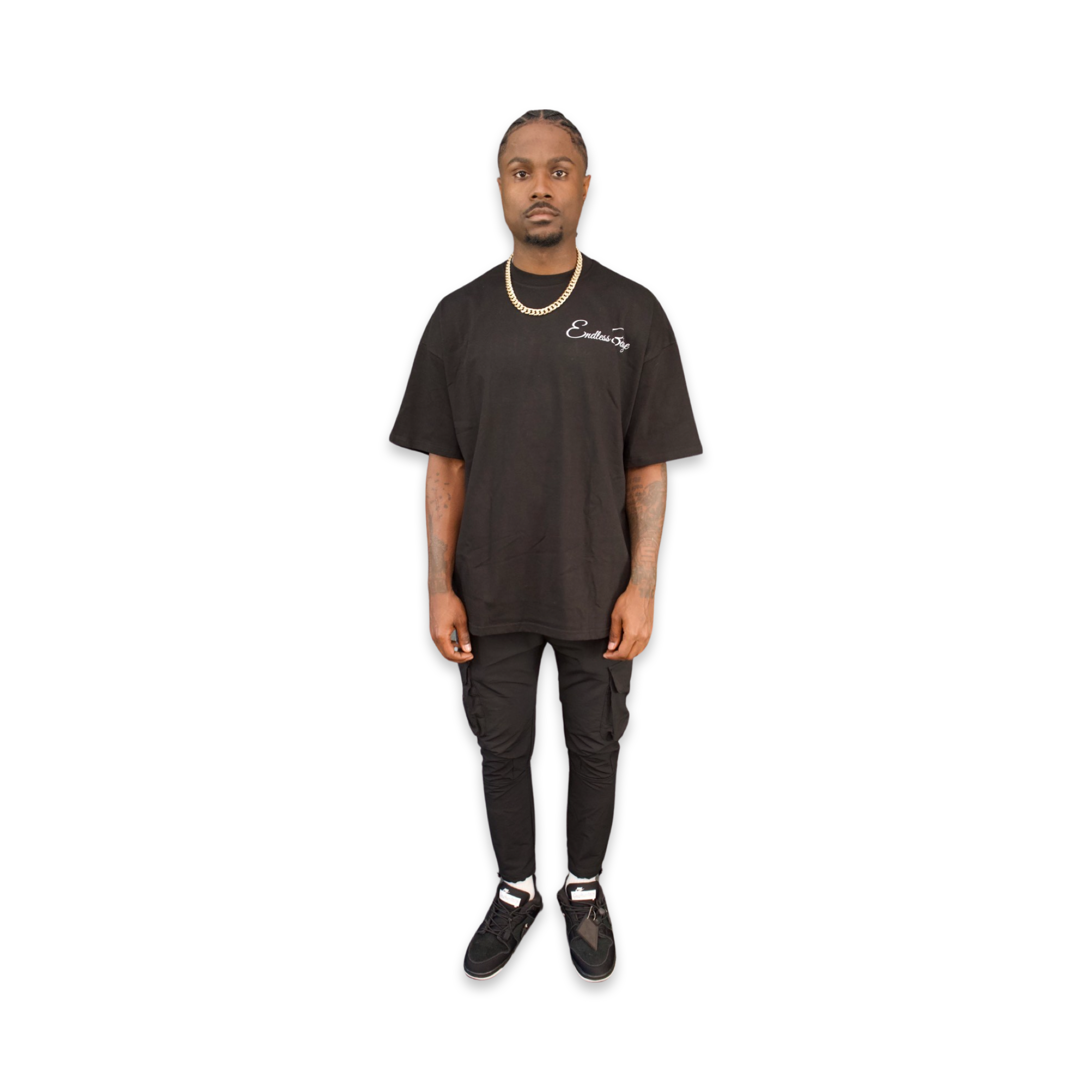 Model featured in front view of Endless 3dge designer Planet Logo t-shirt