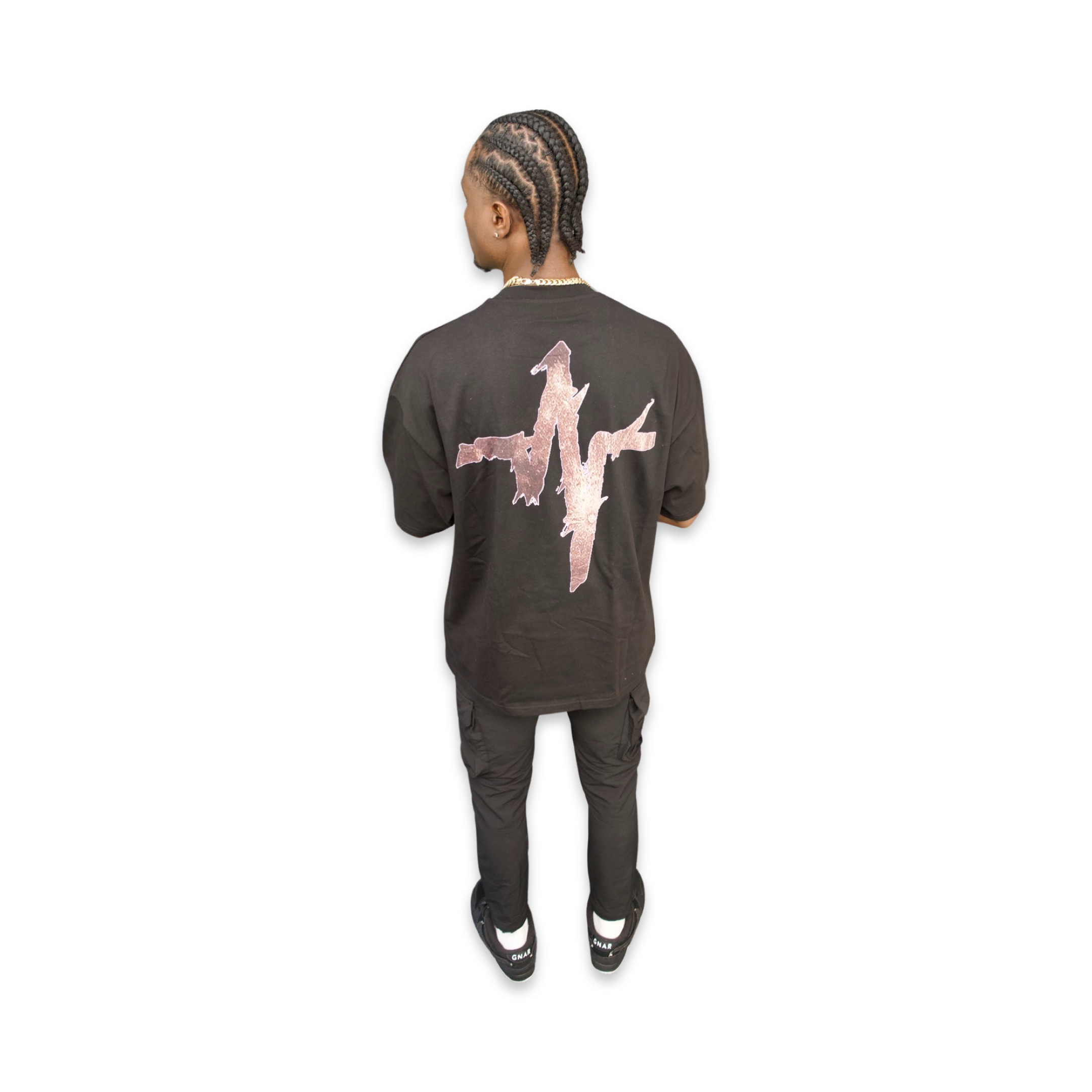 Model featured in rear view of Endless 3dge designer Planet Logo t-shirt