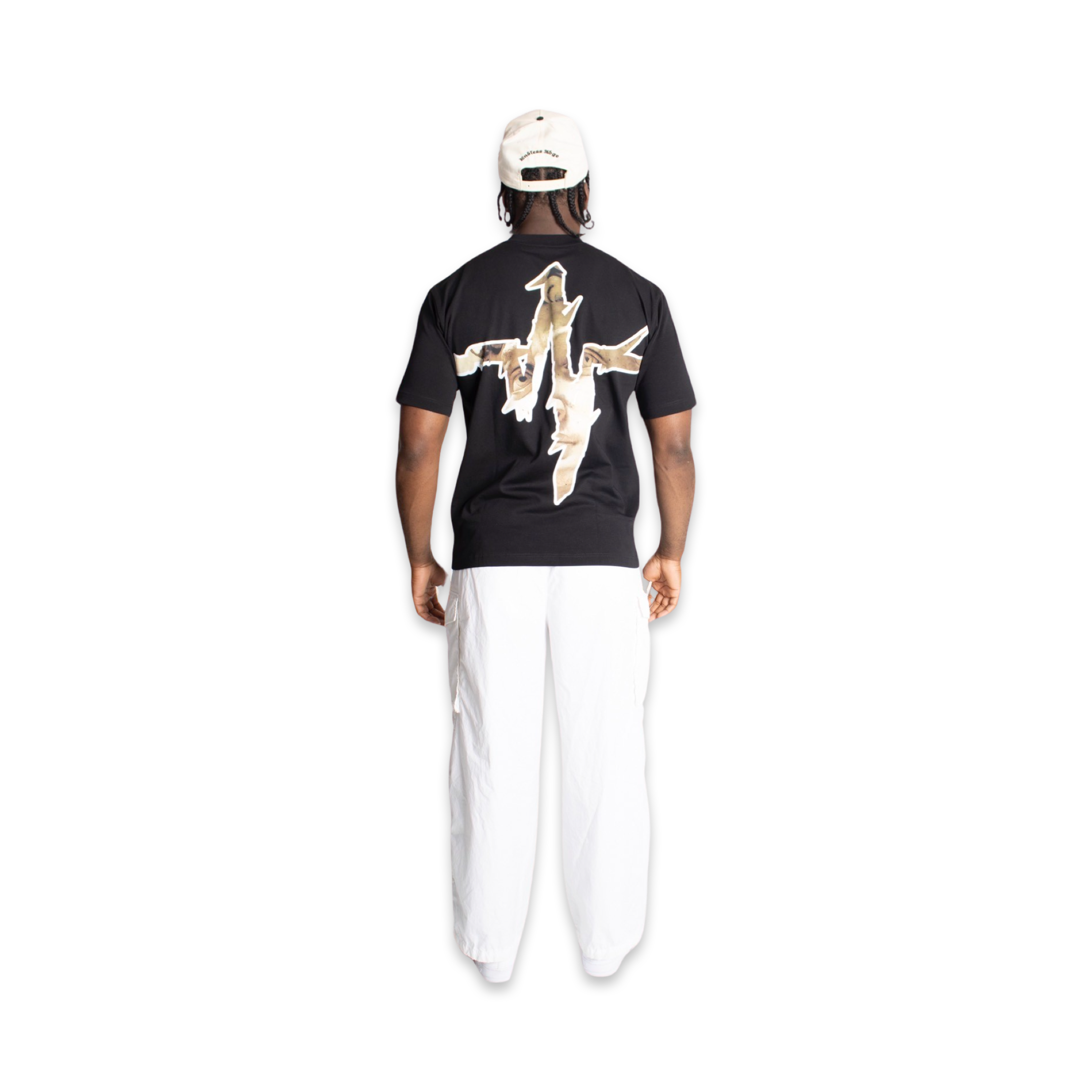 Rear view model featured in Endless Edge cream and black designer hat and Endless Edge designer Crest Logo t-shirt